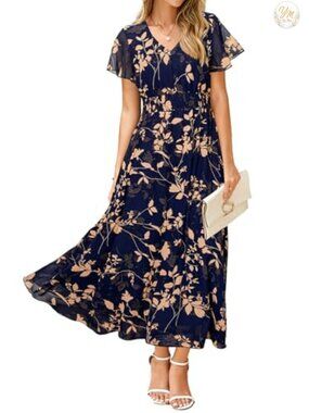 Women's Floral Maxi Dress - Short Sleeve Boho Empire Waist Chiffon Summer